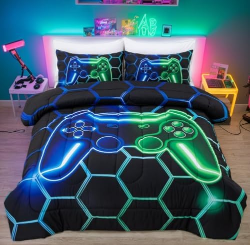 NTBED Twin Gaming Comforter Set for Boys Girls Kids 3D Game Bed in A Bag Lightweight Gamer Bedding Sets Blue Green