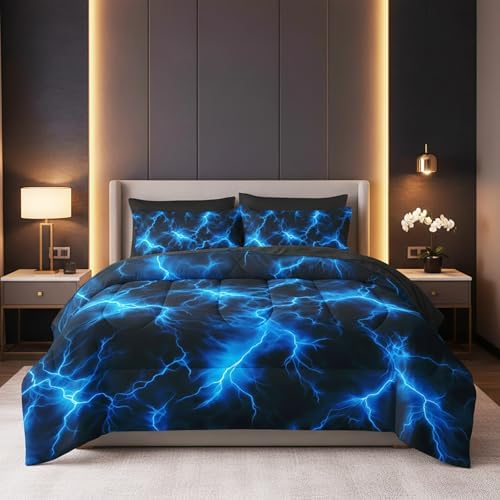 QOOMO Blue Lightning 7 Pieces Comforter Set Queen,Neon Bedding Set for Kids
