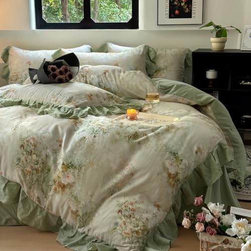 VM VOUGEMARKET Romantic Ruffle Floral Duvet Cover Set Twin Sage Green