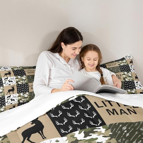 Manfei Deer Antlers Animals Silhouette Comforter Set Full,Camo Geometric Checks Bedding Set 3pcs for Kids Adults Room Decor,Nordic Boho Arrow Quilt Set,Vintage Green Duvet Insert with 2 Pillowcases