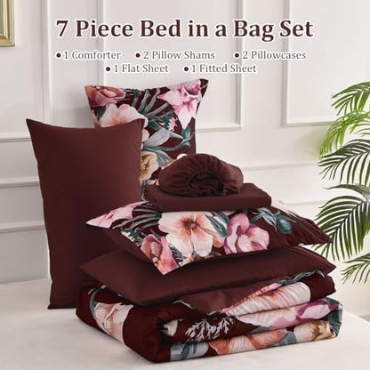 Luxudecor Burgundy Floral Comforter Set Queen Size 7 Piece, Flower Bed in a Bag, Elegant Floral Comforter with Sheet Set, Soft Microfiber Bedding Set for All Season (Burgundy, 90"x90")
