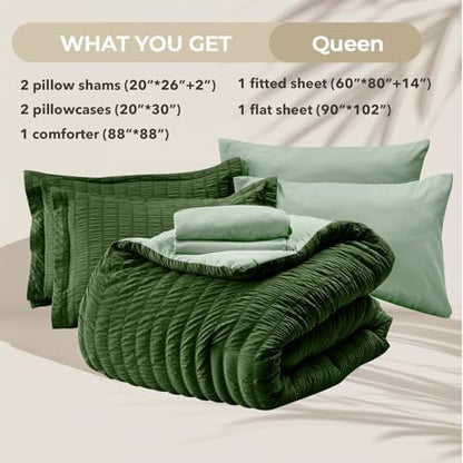 HYMOKEGE Dark Green/Sage Green Queen Comforter Set Seersucker 7 Pieces, All Season Luxury Bed in a Bag Queen for Bedroom, Bedding Set with Comforter, Sheets, Pillowcases & Shams