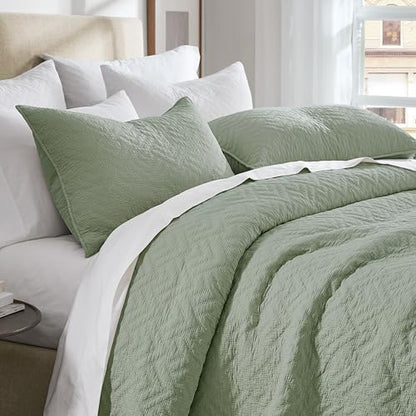 palassio Sage Green 100% Cotton Quilt Twin Size Bedding Sets with 1 Pillow Sham, Lightweight Textured Farmhouse Country Bedspread Soft Shabby Chic Patterned Coverlet for All Season, 2 Pieces