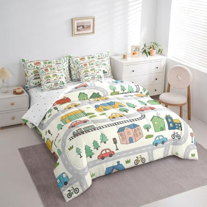 Erosebridal 7 Pcs Cartoon City Car Bedding Set Queen Size Cute Bicycle Train Kids Comforter Set with Sheets Multicolor Cityscape Bed in A Bag for Boys Girls Transportation Road & Railway Bed Sets