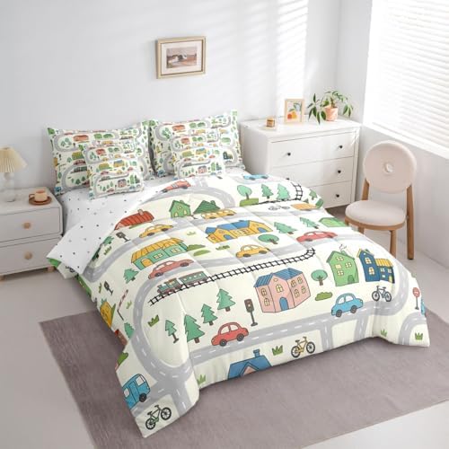 Erosebridal 7 Pcs Cartoon City Car Bedding Set King Size Cute Bicycle Train Kids Comforter Set with Sheets Multicolor Cityscape Bed in A Bag for Boys Girls Transportation Road & Railway Bed Sets