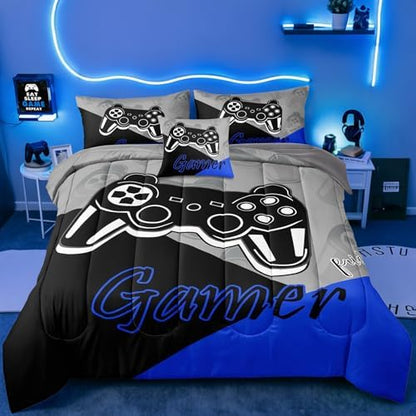 6 Pieces Gaming Bedding Set Queen Size for Boys Gamer Comforter Set for Boys Girls Kids Teens 6 Piece Bed in A Bag Video Game Bedding for Gamer Room Decorative Queen50
