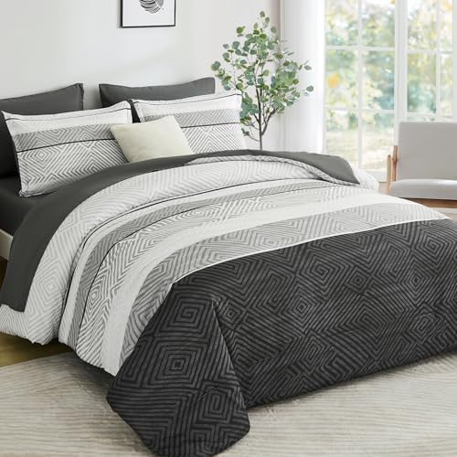 Drucon Black and Grey Comforter Set Queen Size 7 Piece Bed in a Bag