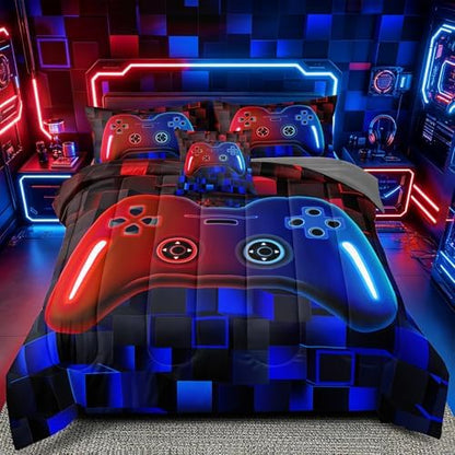 6 Pieces Kids Full Size Gaming Comforter Set, Red Blue Game Controller Bedding Set for Boys Girls Teens, Soft Microfiber Bed in a Bag with Sheets, All Season Washable Gamer Room Decor Full51