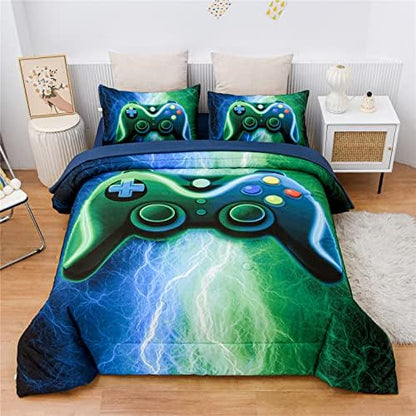 Meeting Story Gamer Gaming Bedding Sets Red Blue Lightnings Gamepad Comforter Set for Boys Games Console Action Buttons Novelty Colorful Modern Room Decor Home Quilt Set (Blue-Green, Full 5Pcs)