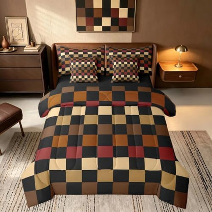 Feelyou Checkered Retro Comforter Set with Sheets 7 Piece King Size Brown Red Black Plaid Bed in a Bag Kids Boys Girls Geometric Vintage Bedding Set Modern Simple Groovy Aesthetic Bedroom Decor Soft