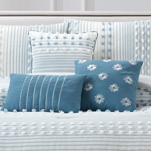 LANCO MODERN LIFESTYLE Queen Comforter Set, Azure, Jacquard Clip Striped Design, Elegant Soft 7 Pieces Bedding Set for All Seasons, Matching Bedskirt, Pillow Shams and Decor Pillows