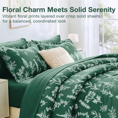 MUXHOMO Emerald Green Full Comforter Set, Elegant Floral Print Bed in a Bag 7 Pieces, Ultra Soft & Breathable Reversible Botanical Pattern Bedding Set with Comforter, Sheets, Pillowcases, and Shams