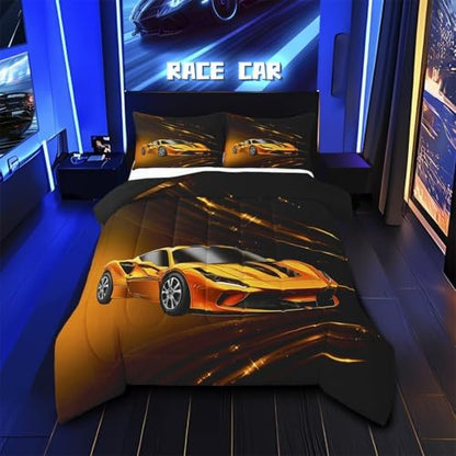 Feelyou Boys Yellow Race Car Bedding Set Toddle Size Speed Sports Car Comforter Set for Kids Teens Adult Fast and Furious Duvet Set Yellow Ombre Quilt Set 2Pcs