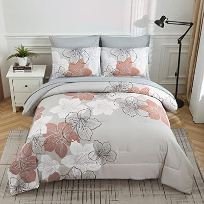 Floral Comforter Set Queen, 7 Pieces Blush Pink Flower on Grey Bedding Set