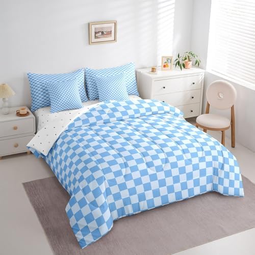 jejeloiu Blue Bedding Set 7Pcs Full Size Kids Buffalo Plaid Comforter Set with Sheets for Boys Girls Checkered Grid Bed in a Bag Soft Lightweight,Microfiber