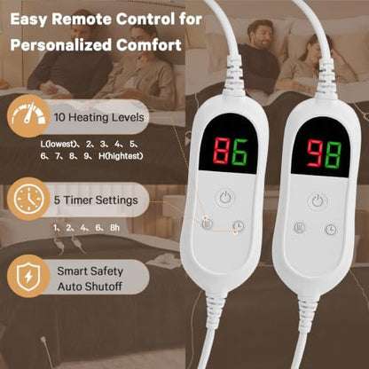 Heated Electric Blanket Queen Size, Dual Control, 84" x 90", Ebony