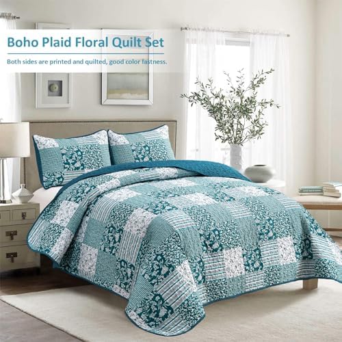 Mybedsoul Boho Quilt King Size, Patchwork Floral Bedding Set, Teal Blue