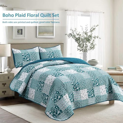 Mybedsoul Boho Quilt King Size, Patchwork Floral Bedding Set, Teal Blue