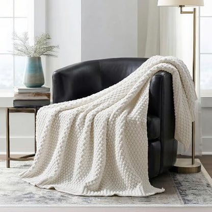 EVERGRACEHOME Chunky Chenille Knit Throw Blanket, 50 x 60, Bright White