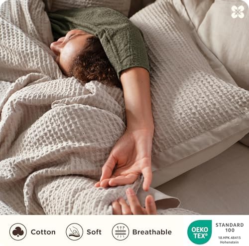 Bedsure PureWoven 3 Pieces 100% Cotton Waffle Duvet Cover Set, King, Linen