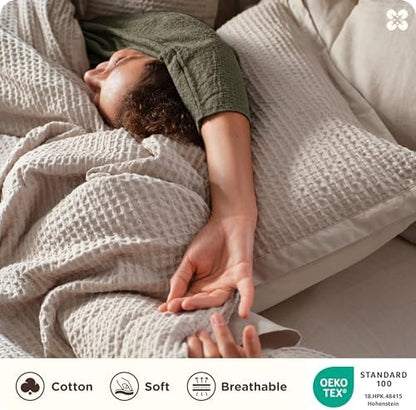 Bedsure PureWoven 3 Pieces 100% Cotton Waffle Duvet Cover Set, King, Linen