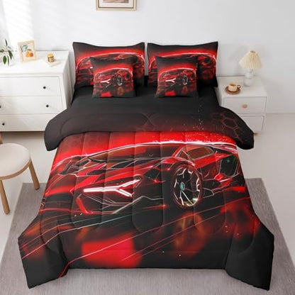 Feelyou Kids Boys Race Car 7 Piece Bedding Set Twin Size Red Sports Car Comforter Set with Sheets for Kids Teens Boys Girls Extreme Sports Theme Bed in a Bag Speed Luxury Car Bed Set