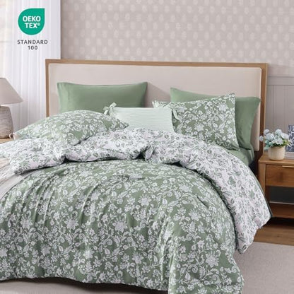 BLOOMHAVEN Queen Comforter Set-7 Pieces Green Floral Bed in a Bag Queen