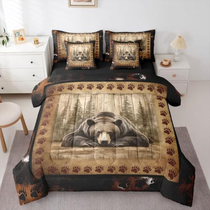 Erosebridal Brown Bear Full Comforter Set with Sheets 7 Piece Rustic Wildlife Bear Paw Bed in A Bag Vintage Farmhouse Cabin Bedding Sets for Kids Boys Girls Country Lodge Bed Set