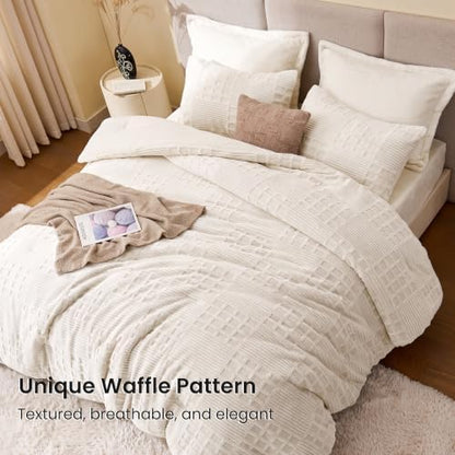 EXQ Home Waffle Fluffy Comforter Set Queen Size - Beige