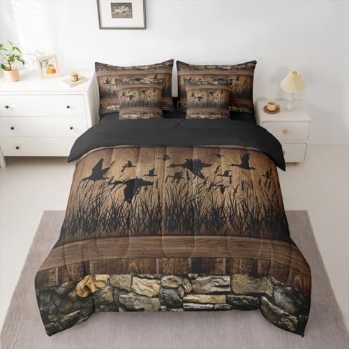 Erosebridal 7 Piece Mallard Duck Hunting Bedding Farmhouse Full Comforter Set with Sheets | Rustic Cabin Bed in A Bag for Kids Boys Teen Men,Brown Country Wooden Stone Bed Set Lodge Home Decor