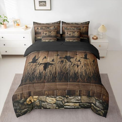 Erosebridal 7 Piece Mallard Duck Hunting Bedding Farmhouse Full Comforter Set with Sheets | Rustic Cabin Bed in A Bag for Kids Boys Teen Men,Brown Country Wooden Stone Bed Set Lodge Home Decor