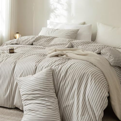 FOSSA Striped Duvet Cover Set 100% Washed Cotton Linen Feel Super King
