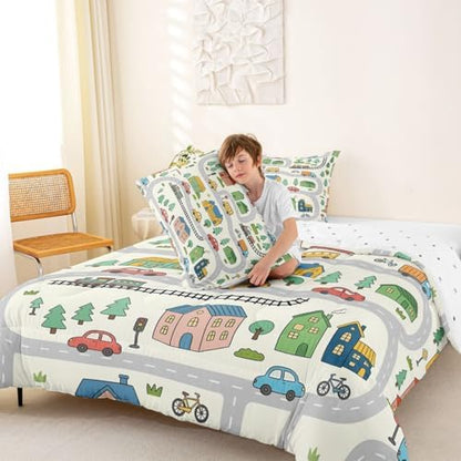 Erosebridal Cartoon City Car Bedding Set Full Cute Bicycle Train Comforter Set for Kids Boys Girls Multicolor Cityscape Down Comforter Transportation Road & Railway Quilt Duvet