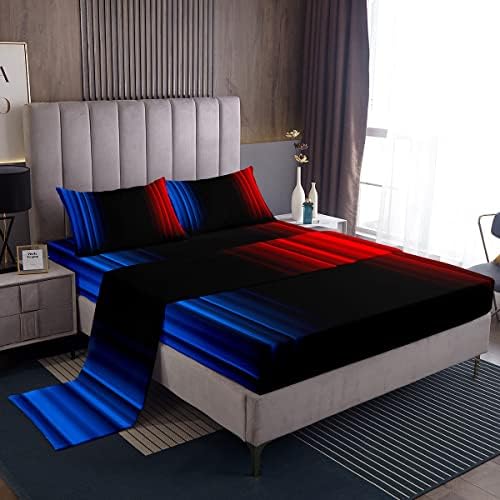 Feelyou Geometric Abstract Ombre Women Bed Sheets Kids Teens Blue Red and Black Striped Sheet Set Decor Modern Fashion Bed Set Bedroom Collection 3Pcs Twin Size