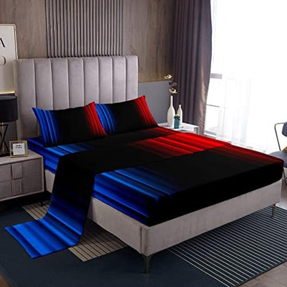 Feelyou Geometric Abstract Ombre Women Bed Sheets Kids Teens Blue Red and Black Striped Sheet Set Decor Modern Fashion Bed Set Bedroom Collection 3Pcs Twin Size