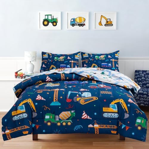 Holawakaka Boys Construction Truck Excavator Twin Comforter Set with Sheets
