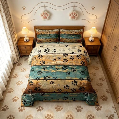 Manfei Dog Paw Comforter Set Full Size, Cartoon Animals Claw Print Bedding Set 3pcs, Rustic Farmhouse Down Comforter for Kids Boys Girls Room Decor, Brown Teal Wooden Plank Bed Set for All Season