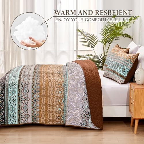 WONGS BEDDING Boho Full Quilt Bedding Set, 3 Pieces Soft Bedspread,Brown