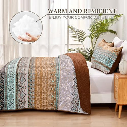 WONGS BEDDING Boho Full Quilt Bedding Set, 3 Pieces Soft Bedspread,Brown