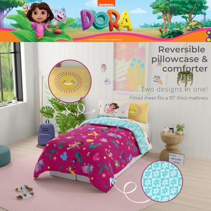 Dora The Explorer Kids Bedding Set Super Soft & Cozy Reversible Microfiber Comforter and Sheet Set with Sham, 7 Piece Full Size, (Officially Licensed Product) By Franco