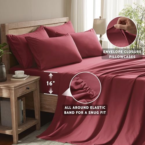 Queen Sheet Set - 6 Piece Sheets Queen Size Bed Set - Breathable & Cooling Hotel Luxury Bedding Set - Soft & Comfy Fully Elasticized 16" Deep Pocket Queen Sheets (Queen Burgundy)