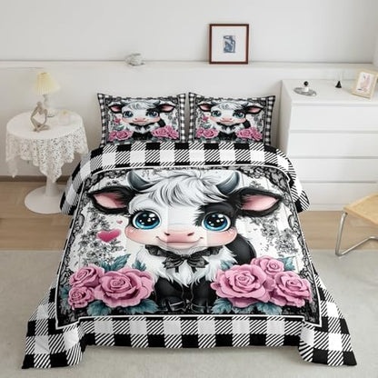 Feelyou Kids Cute Highland Cow Comforter Set Queen Size Highland Cattle Bedding Set Boys Girls Flowers Floral Pattern Quilt Set Black White Plaid Buffalo Check Bed Set