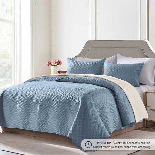 FLYMME Quilts Queen Size,Lightweight Dusty Blue Bedspreads,Basket Weave Pattern,Ultra Soft Microfiber Bed Coverlet 3 Pieces for All-Seasons (1 Quilt,2 Shams)