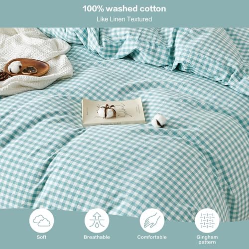 SAPHREAS Gingham Duvet Cover Set King Size, 100% Washed Cotton Linen Like Plaid Comforter Cover with Zipper Closure & Corner Ties (No Comforter), 104x90 Teal