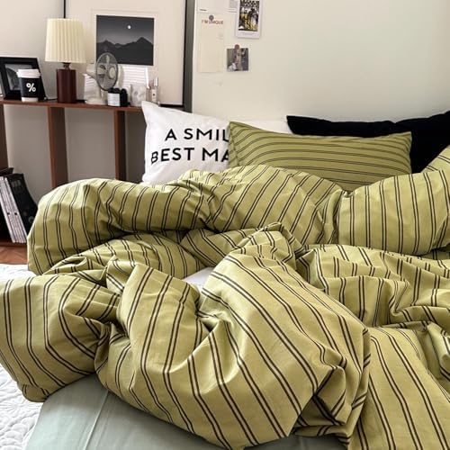 mixinni Vintage Stripes Duvet Cover Set Full - 3-Piece Mid-Century Cotton Olive & Taupe Striped Bedding, Soft Breathable All-Season Comforter Cover with Zipper Closure & Corner Ties-Full Size