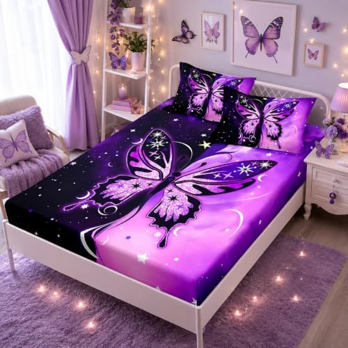 HOSIMA Girls Butterfly Bedding Sets Full,1 Fitted Sheet+2 Pillowcases.