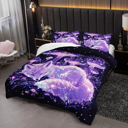 Nttopship Fox Comforter Bedding Set Queen Size,Cute Cartoon Forest Fox Printed Quilt Set for Kids Boys Girls, Cartoon Fantasy Mushrooms Comforter Set Wildlife Bedroom Decor