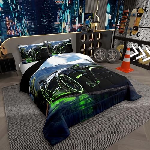 Erosebridal 3Pcs Green Race Car Comforter Set King Size Black Sports Cars Bedding Sets for Boy Car Room Decor 3D Geometric Bed in A Bag with 1 Comforter,2 Pillowcases,All Season