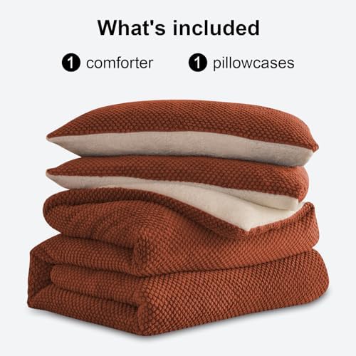 LLanCL 3D Jacquard Design Comforter Set, Ultra-Soft Warm Twin Size Sherpa Fur Plush 2-Pieces Sets Luxury Cozy Bedding with 1 Pillowcase (68"x90", Burnt Orange)
