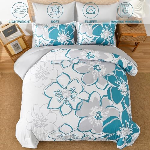 Anibedding Teal Floral Comforter Set King Size 7 Piece, Teal Blue Flower Bed in a Bag, Elegant Botanical Floral Comforter Soft Microfiber Complete Bedding Set for All Season, (Teal, 104"x90")